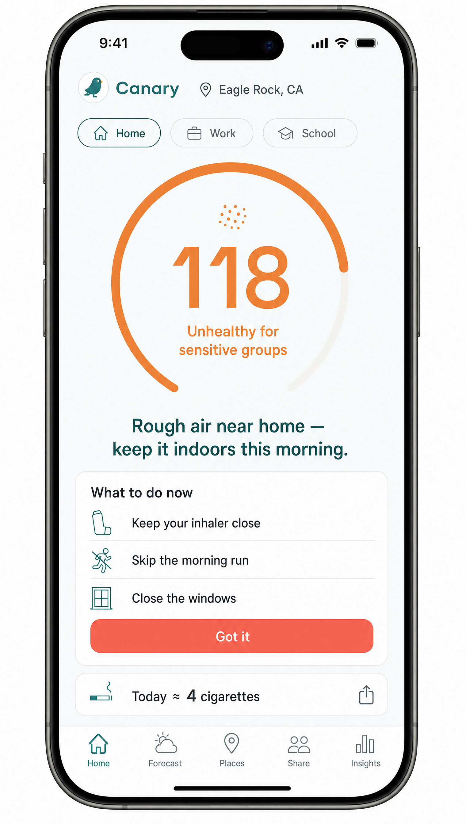 Canary app home screen showing live air quality