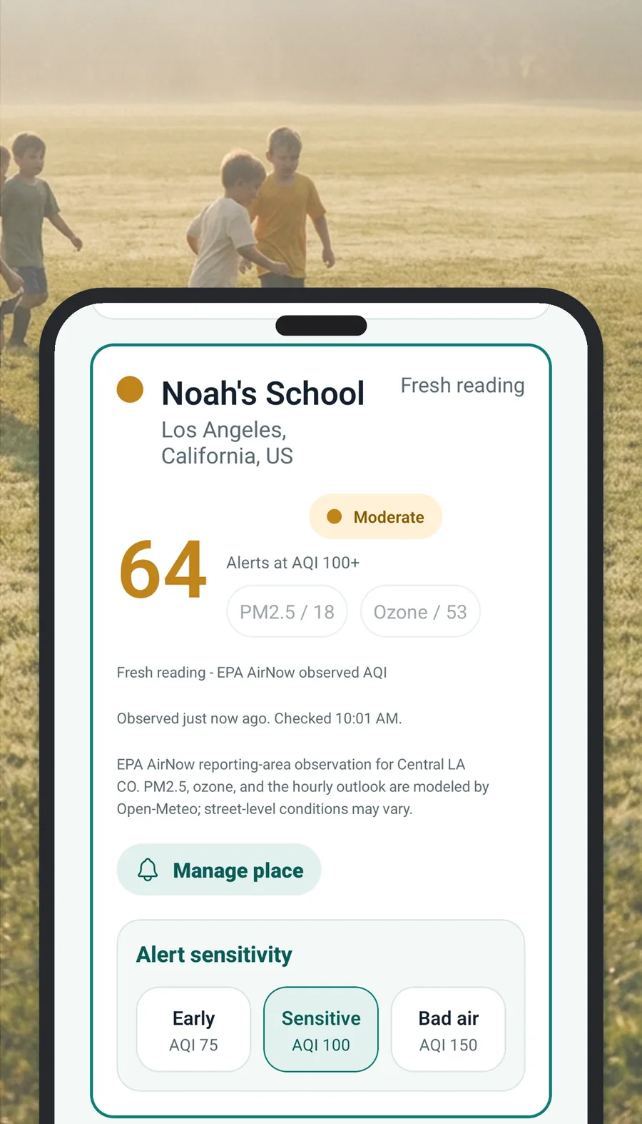 Canary place card over kids at soccer practice